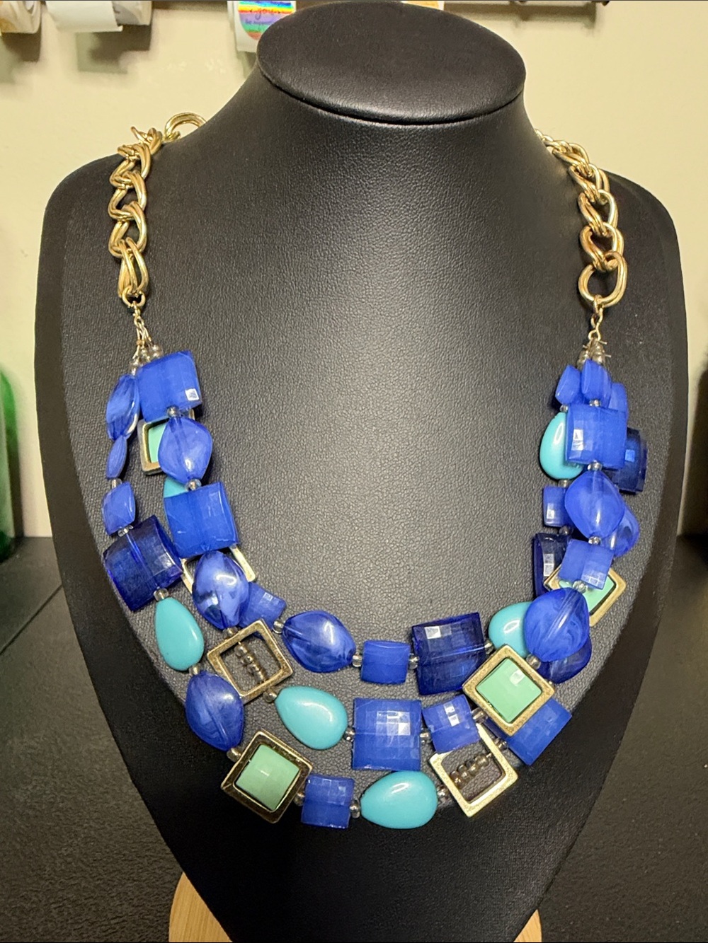 Fashion Bold Blue & Teal Multi-Strand Statement Necklace Gold Chain